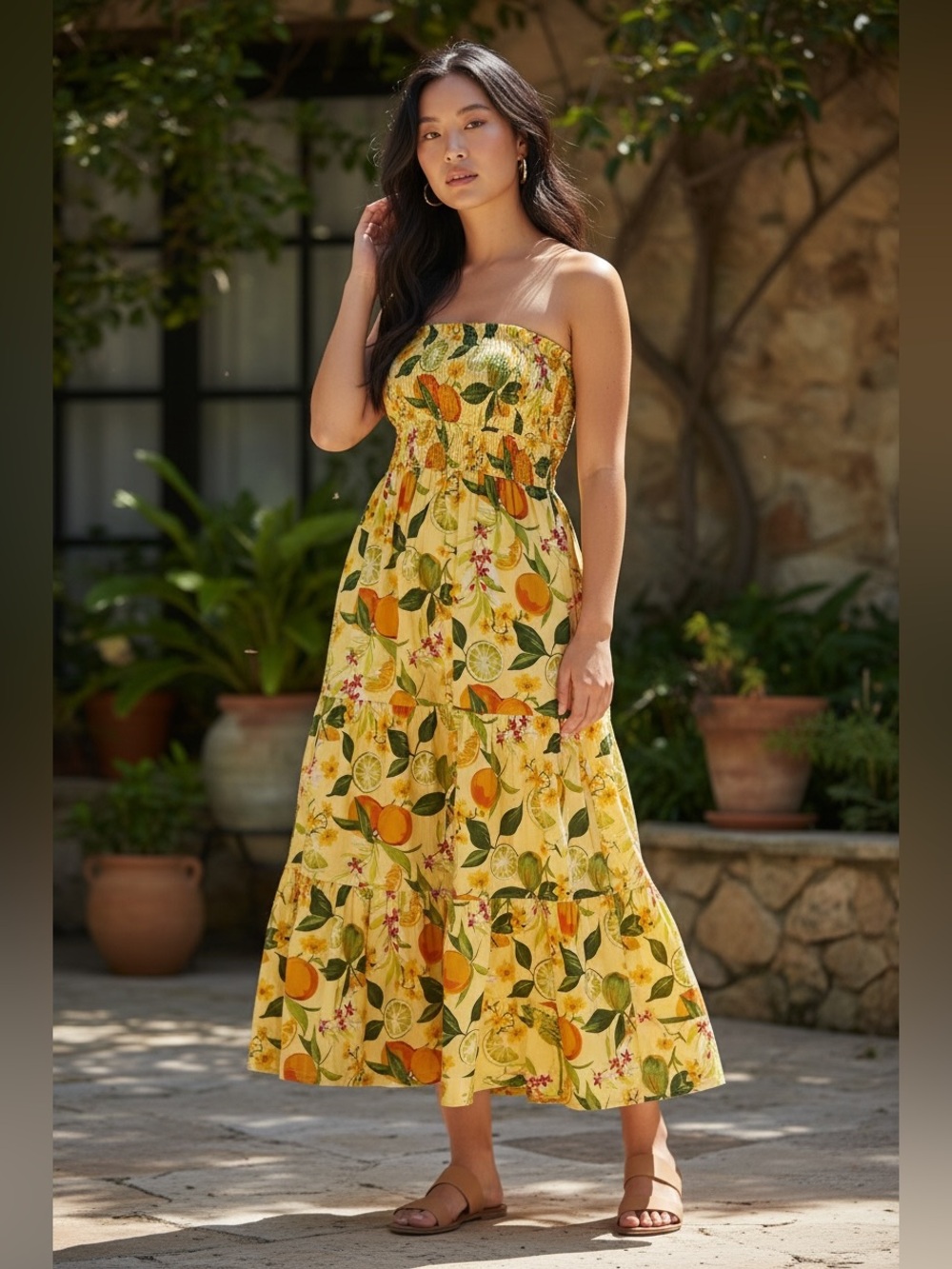 Crystal Sky strapless citrus-print midi dress with removable straps